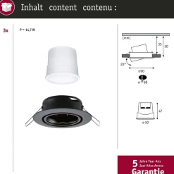 Upotettava LED-valaisin Paulmann Base Coin, 3kpl, Smart Home Zigbee 3.0, Ø90mm, himmennettävä, RGBW+, mattamusta