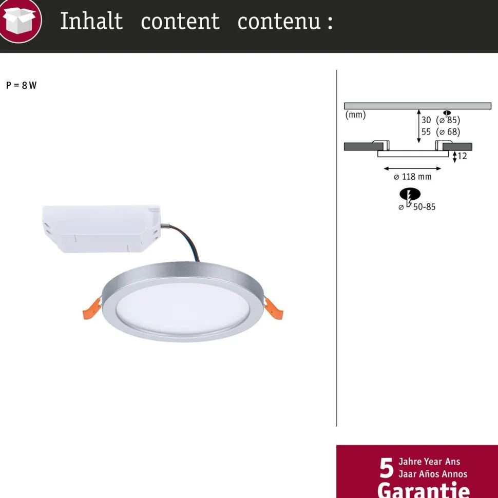 Upotettava LED-paneeli Paulmann VariFit Areo, IP44, Ø11.8cm, 6.5W, 4000K, valkoinen