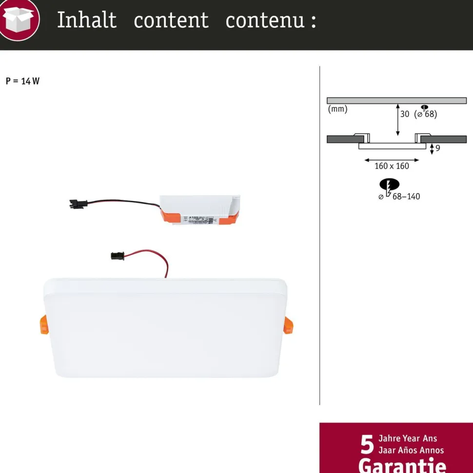 Upotettava LED-paneeli Paulmann VariFit Veluna Edge, IP44, 16x16cm, 12W, 3000K, valkoinen