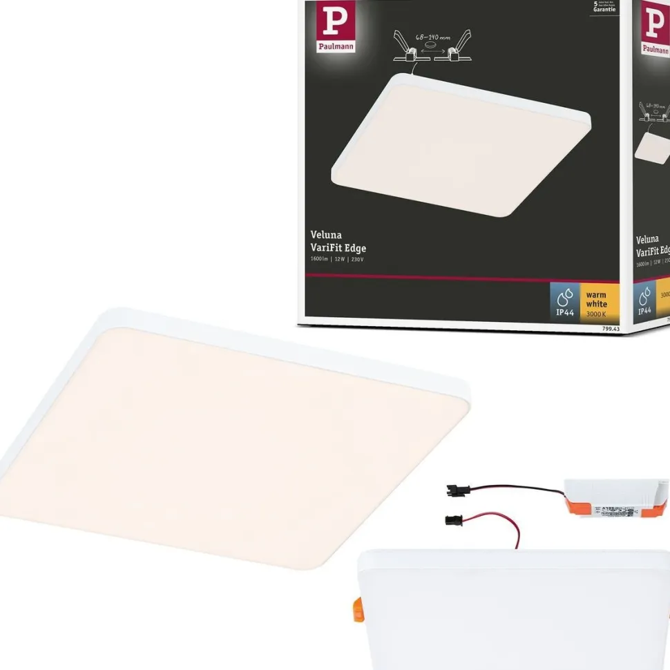 Upotettava LED-paneeli Paulmann VariFit Veluna Edge, IP44, 16x16cm, 12W, 3000K, valkoinen