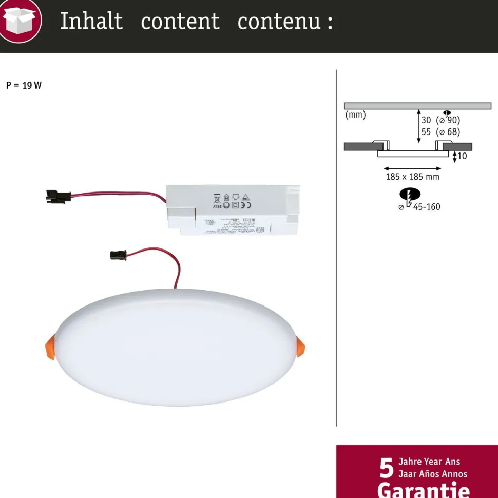 Upotettava LED-paneeli Paulmann Veluna, IP44, Ø18.5cm, 17W, 3000K, satiini