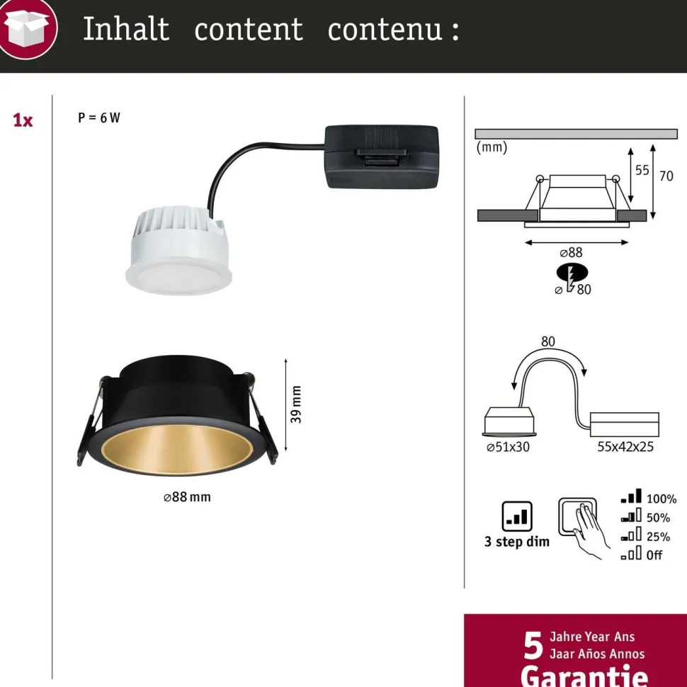 Upotettava LED-valaisin Paulmann Cole Coin, IP44, Ø88mm, 6W, 470lm, 2700K, himmennettävä, valkoinen/kulta