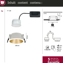 Upotettava LED-valaisin Paulmann Cole Coin, IP44, Ø88mm, 6W, 470lm, 2700K, himmennettävä, valkoinen/kulta