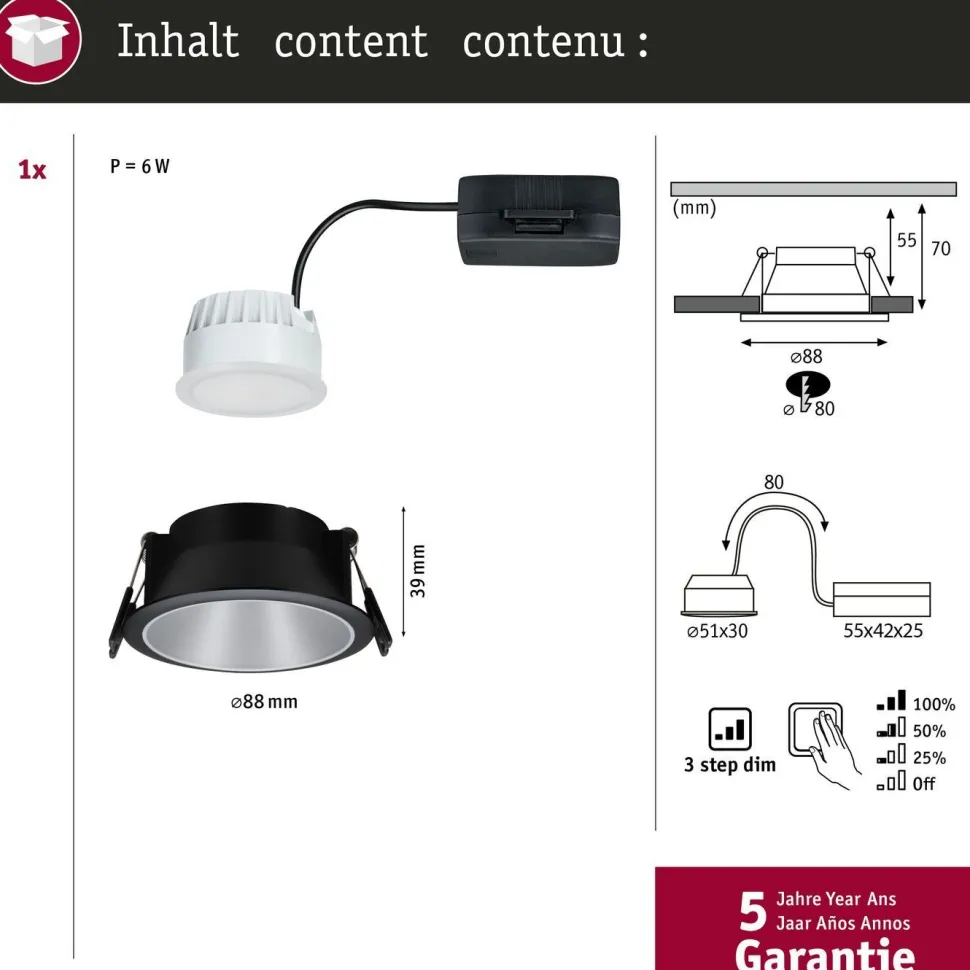 Upotettava LED-valaisin Paulmann Cole Coin, IP44, Ø88mm, 6W, 470lm, 2700K, himmennettävä, valkoinen/kulta