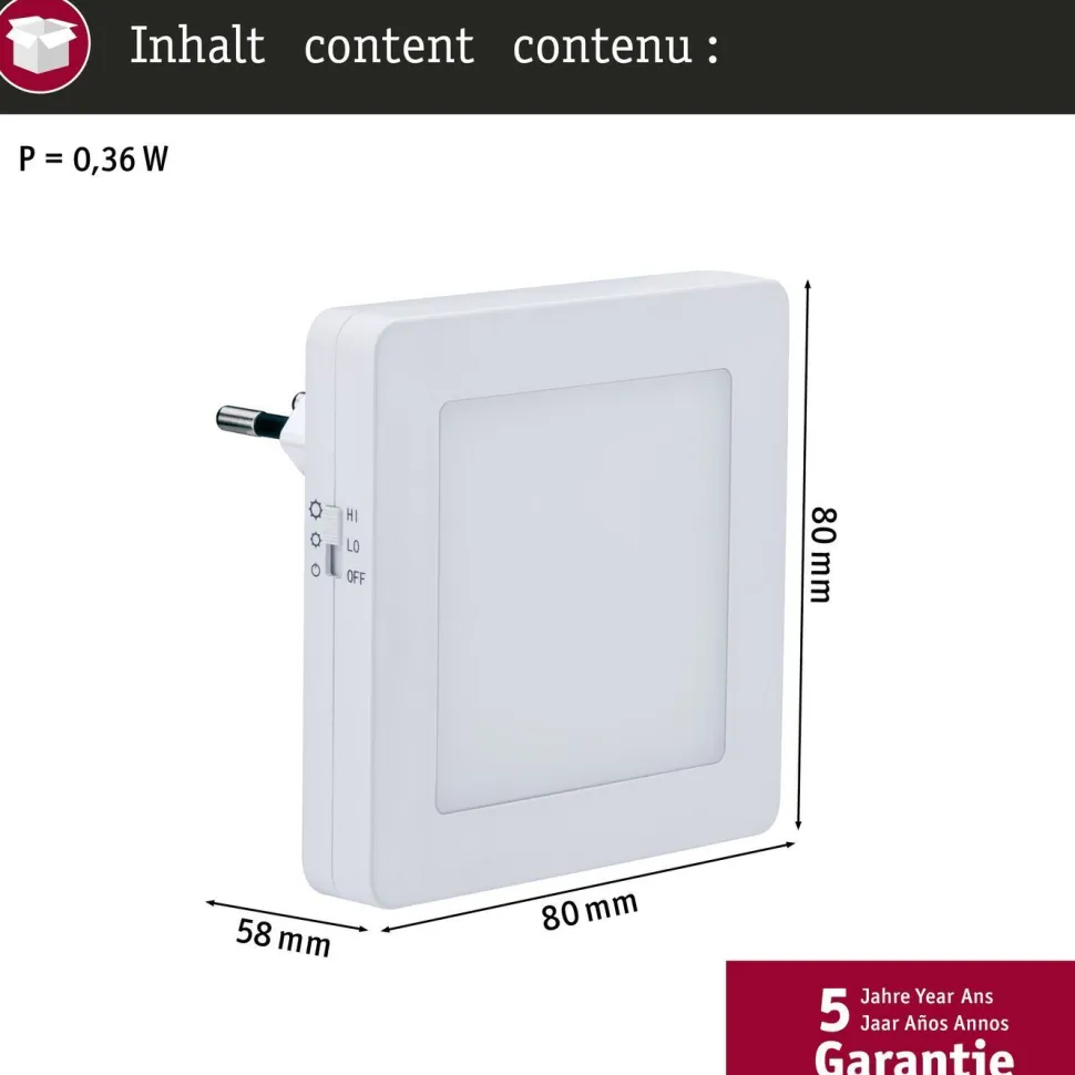 Yövalo Paulmann Esby Square, 3000K, 0,7lm, hämärätunnistin
